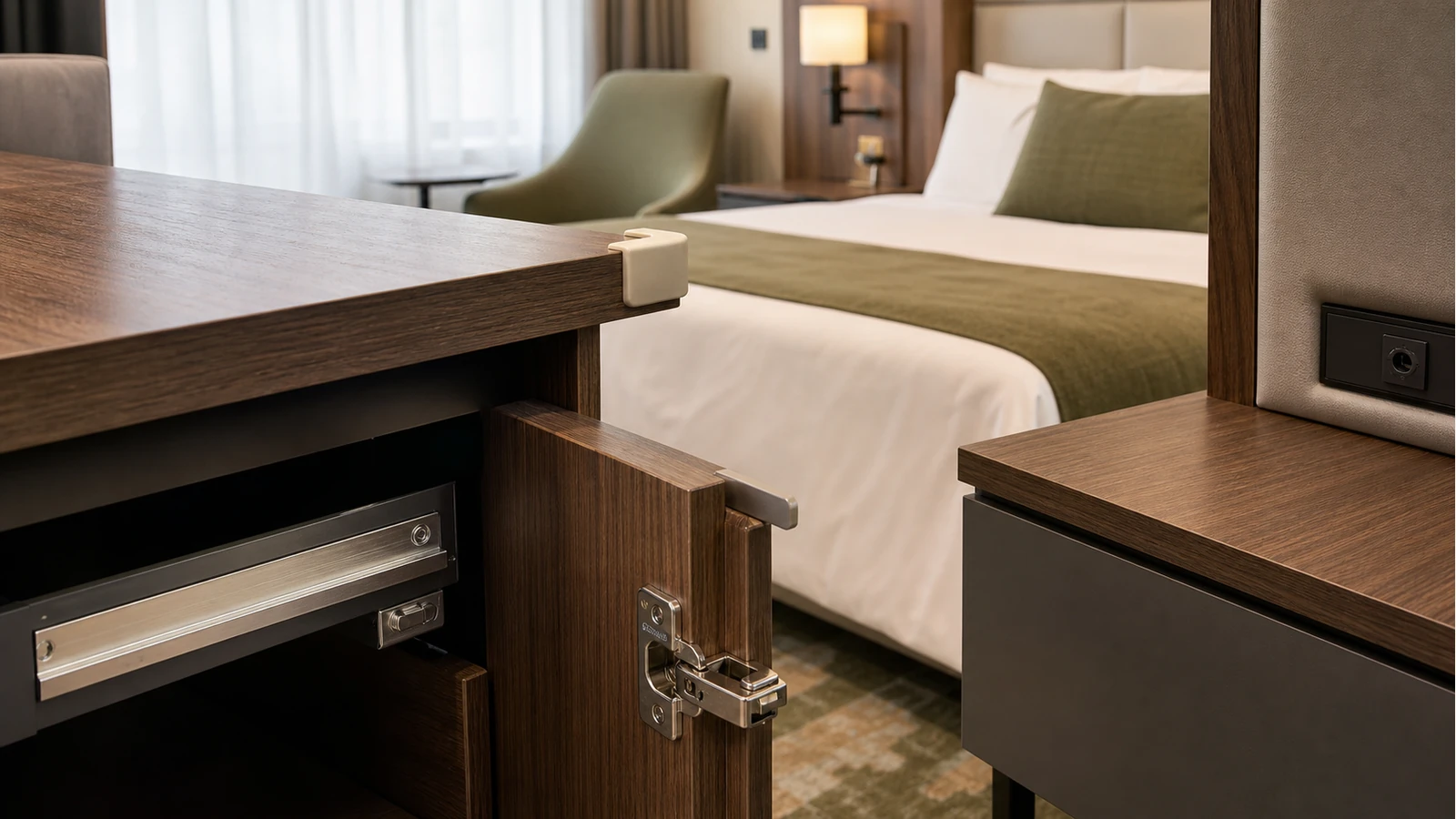 Professionelles redaktionelles Titelbild zum Beitrag: Hotelzimmermöbel im Dauerbetrieb: Warum Kanten, Beschläge und Oberflächen wichtiger sind als der Look