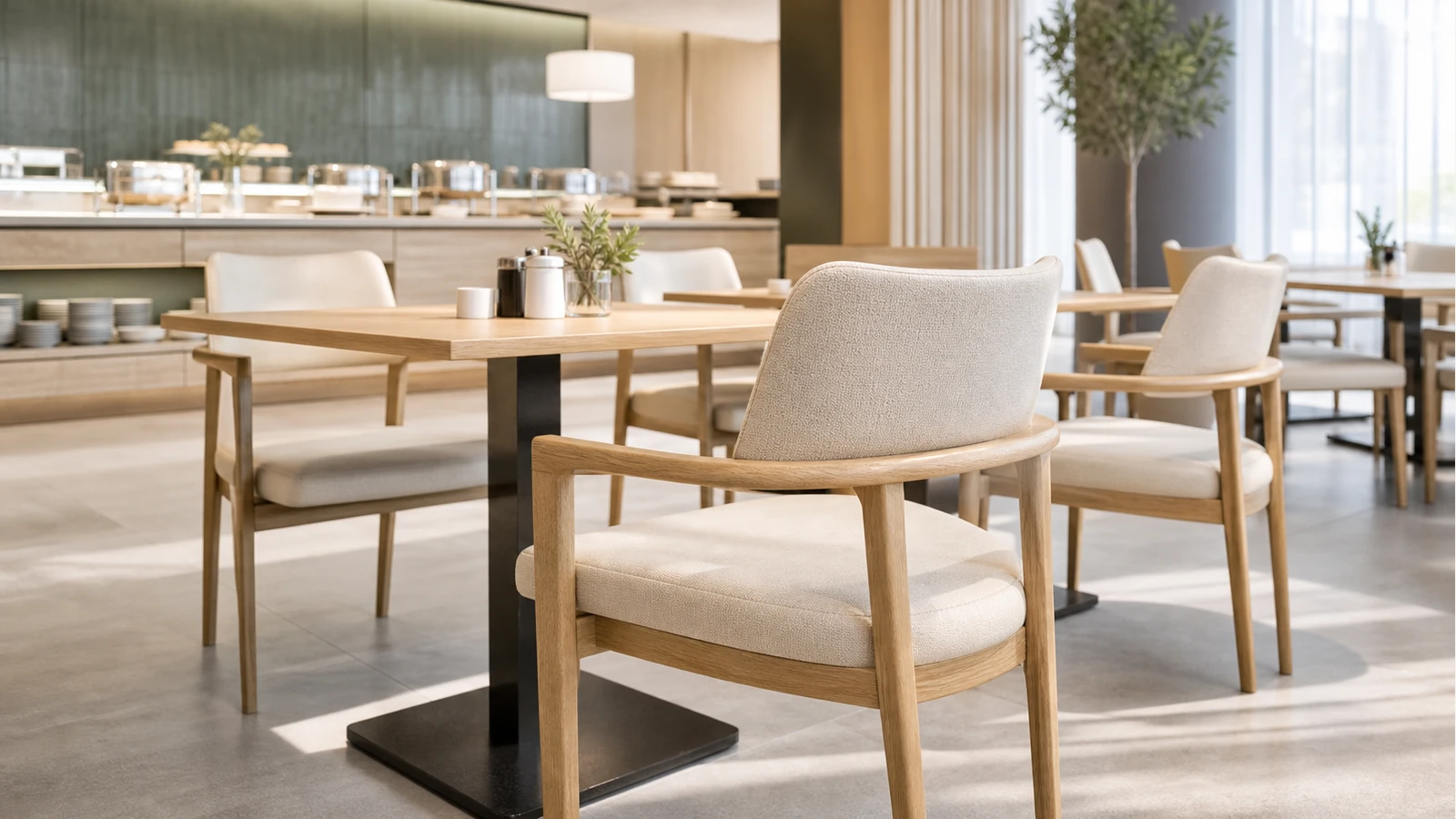 Professionelles redaktionelles Titelbild zum Beitrag: Hotelstühle im Frühstücksraum: Synergien aus Belastbarkeit, Hygiene und Ergonomie