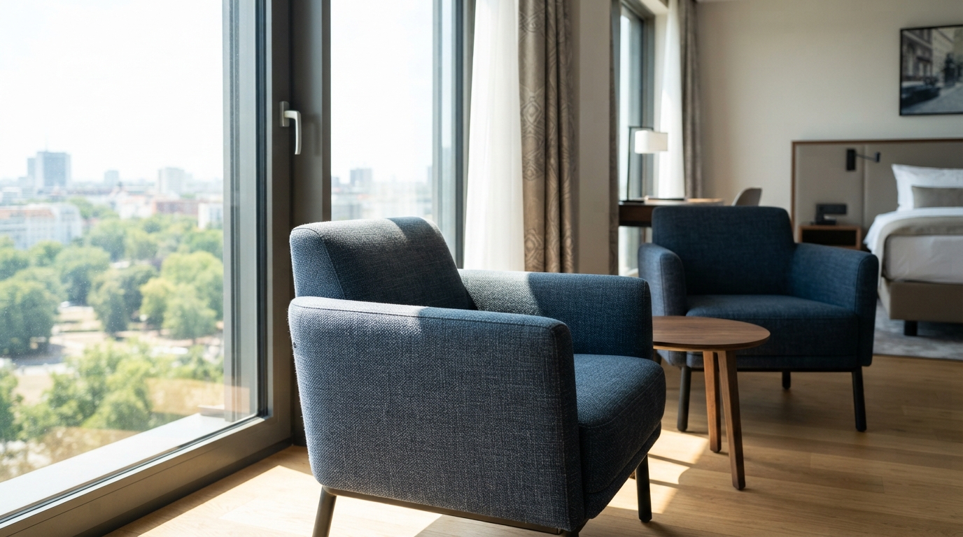 Redaktionelles Titelbild zum Beitrag: Lichtechtheit bei Hotelmöbeln: Schutz vor Ausbleichung an bodentiefen Fenstern