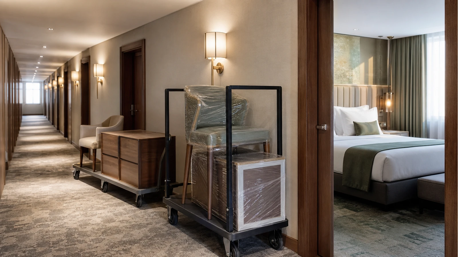 Professionelles redaktionelles Titelbild zum Beitrag: Renovierung im laufenden Hotelbetrieb: Möbeltausch, Etappenplanung und Serienkontinuität