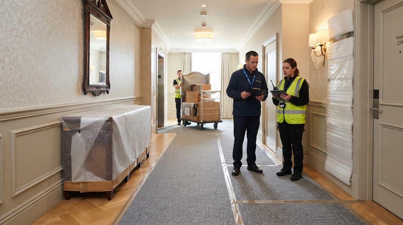 Redaktionelles Titelbild zum Beitrag: Renovierungs-Logistik im Hotel: Schutzmaßnahmen für Bestandsobjekte